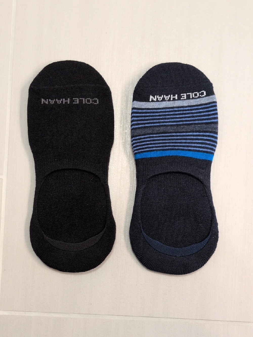 Cole Haan No-Show Socks in Black and Navy with Blue Stripes